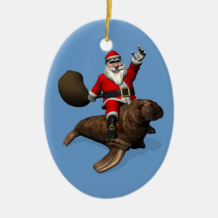 Santa Claus Riding On Walrus Ceramic Tree Decoration
