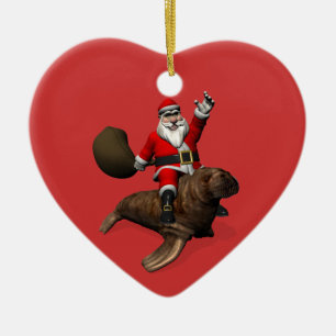 Santa Claus Riding On Walrus Ceramic Tree Decoration