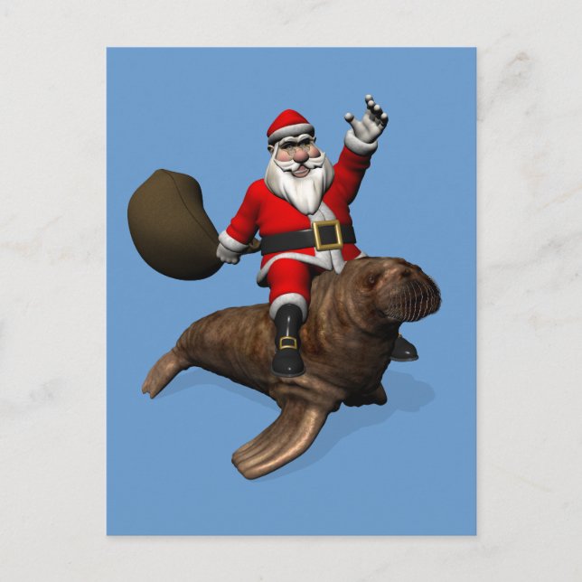 Santa Claus Riding On Walrus Holiday Postcard (Front)