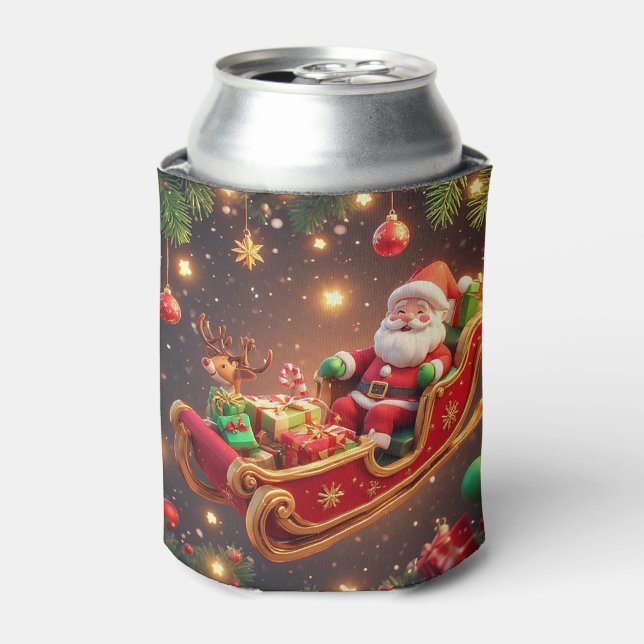 Santa Claus Riding Sleigh with a Reindeer Can Cooler (Can Front)