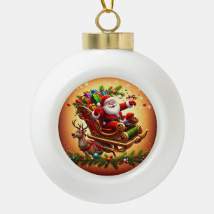 Santa Claus Riding Sleigh with a Reindeer Ceramic Ball Christmas Ornament