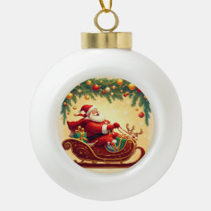 Santa Claus Riding Sleigh with a Reindeer Ceramic Ball Christmas Ornament