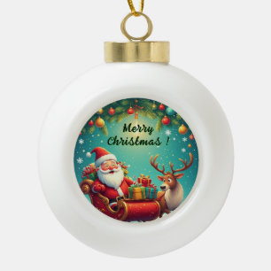 Santa Claus Riding Sleigh with a Reindeer Ceramic Ball Christmas Ornament
