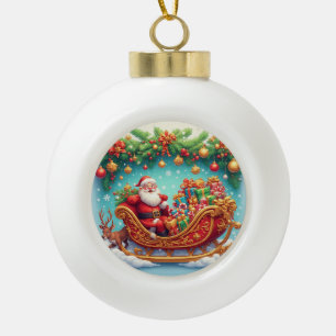 Santa Claus Riding Sleigh with a Reindeer Ceramic Ball Christmas Ornament