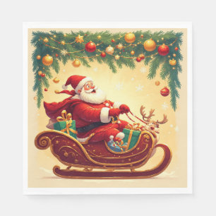 Santa Claus Riding Sleigh with a Reindeer Napkin