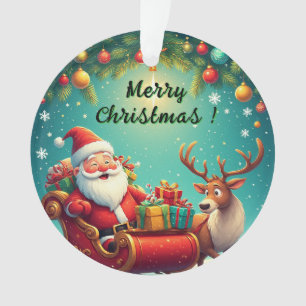 Santa Claus Riding Sleigh with a Reindeer Ornament