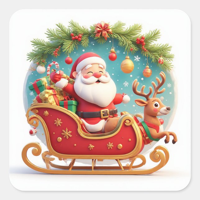 Santa Claus Riding Sleigh with a Reindeer Square Sticker (Front)