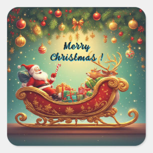Santa Claus Riding Sleigh with a Reindeer Square Sticker