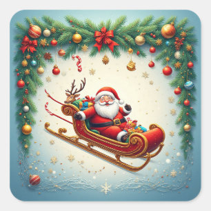 Santa Claus Riding Sleigh with a Reindeer Square Sticker