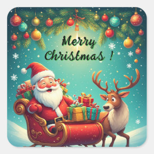 Santa Claus Riding Sleigh with a Reindeer Square Sticker
