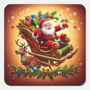Santa Claus Riding Sleigh with a Reindeer Square Sticker