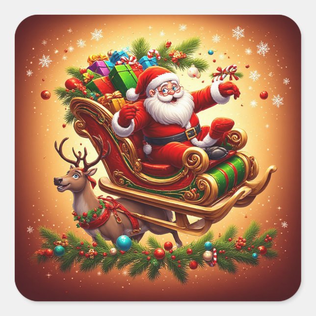 Santa Claus Riding Sleigh with a Reindeer Square Sticker (Front)