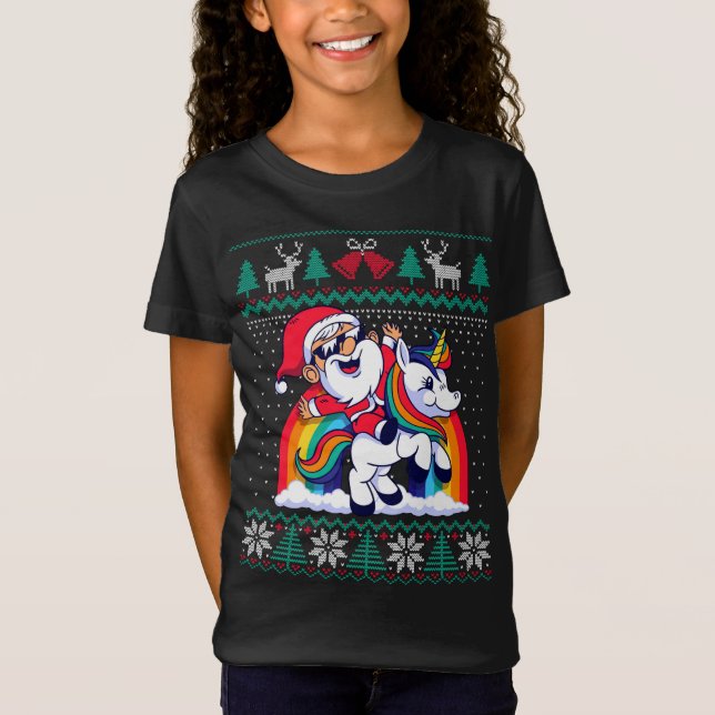 Santa Claus Riding Unicorn Funny Christmas Ugly Sw T-Shirt (Front)