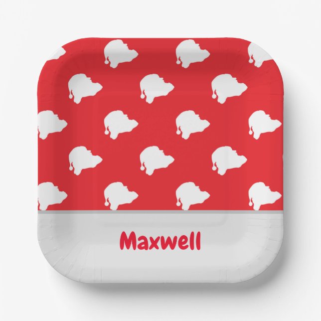 Santa Claus silhouette pattern on red Paper Plate (Front)