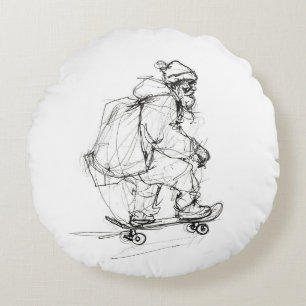 Santa Claus Skateboarding with Presents Round Cushion