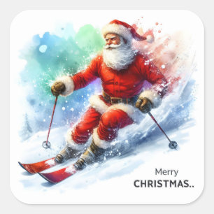 Santa Claus Skiing Down a Snowy Mountain Slope Square Sticker