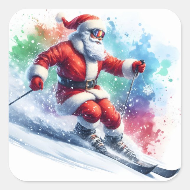 Santa Claus Skiing Down a Snowy Slope in Winter Square Sticker (Front)
