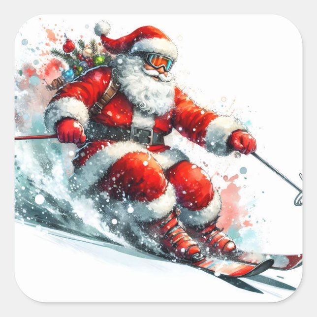 Santa Claus Skiing Joyfully Down a Snowy Mountain Square Sticker (Front)