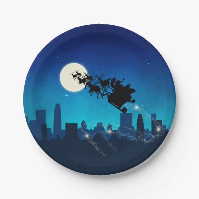 Santa Claus Sleigh Christmas Paper Plate (Front)