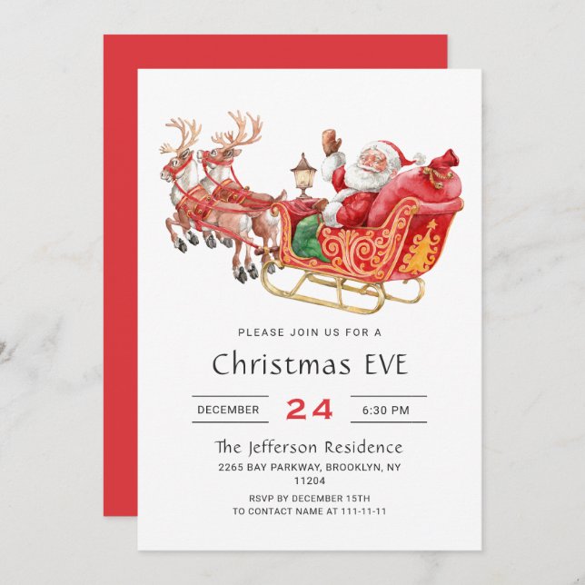 Santa Claus Sleigh Holiday Christmas Eve Party Invitation (Front/Back)