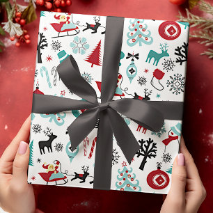 Santa Claus Sleigh Reindeer Pine Trees Art Pattern Wrapping Paper