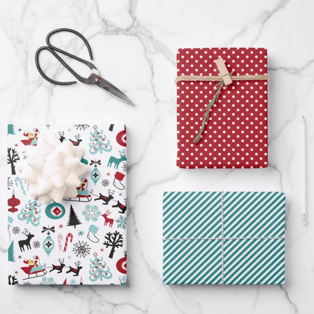 Santa Claus Sleigh Reindeer Pine Trees Art Pattern Wrapping Paper Sheet (Front)