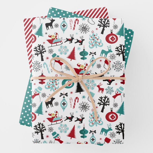 Santa Claus Sleigh Reindeer Pine Trees Art Pattern Wrapping Paper Sheet (In situ)