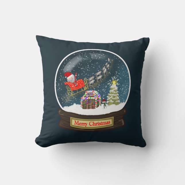 Santa Claus Sleigh Reindeer Snow Globe Christmas Cushion (Front)