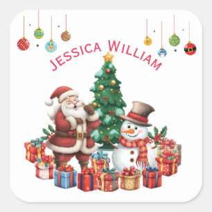 Santa Claus, Snowman  Festive Christmas Holiday  Square Sticker