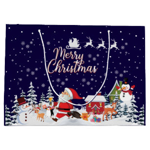 Santa Claus, Snowman Merry Christmas Holiday Mediu Large Gift Bag