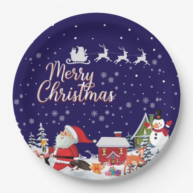 Santa Claus, Snowman Merry Christmas Holiday Paper Plate (Front)