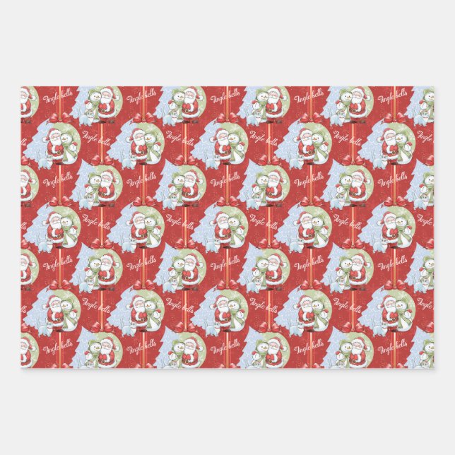 Santa Claus, Snowman, Santa Cat Wrapping Paper (Front)