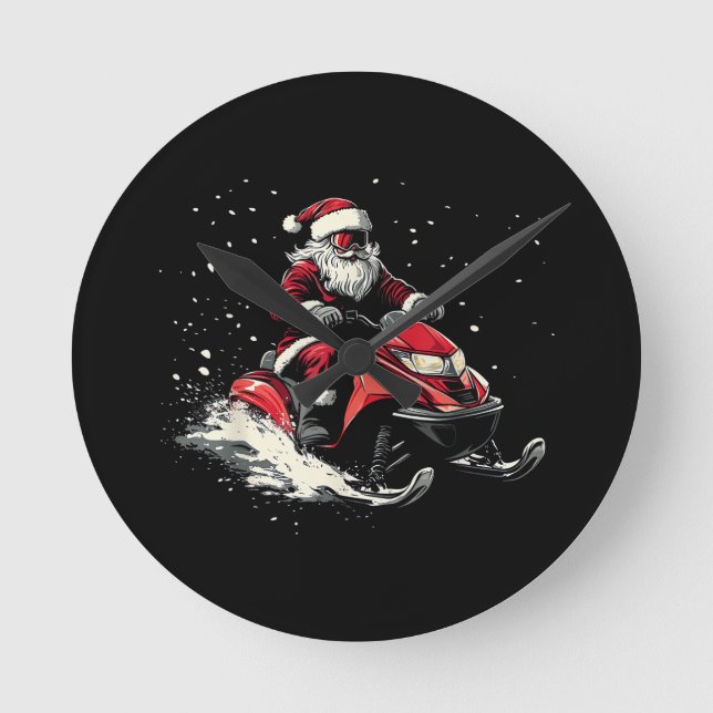 Santa Claus Snowmobile Motor Sled Funny Christmas Round Clock (Front)