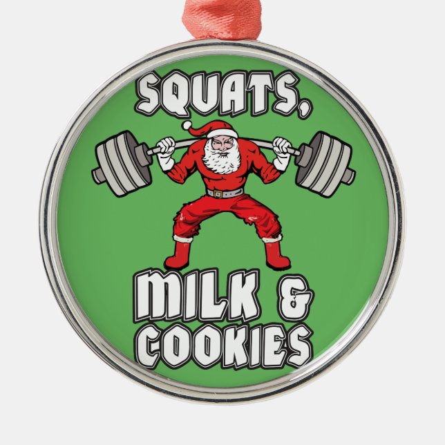 Santa Claus - Squats, Milk and Cookies Metal Tree Decoration (Front)