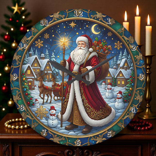 Santa Claus Stained Glass Holiday Scene Large Clock (Creator Uploaded)