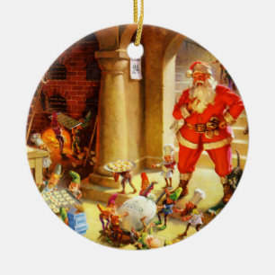 Santa Claus Supervises His Elves Baking Cookies Ceramic Tree Decoration