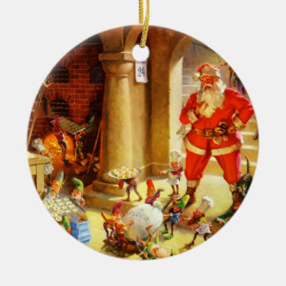 Santa Claus Supervises His Elves Baking Cookies Ceramic Tree Decoration