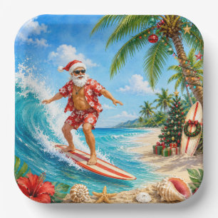 Santa Claus Surfing Beach view Christmas Party Paper Plate