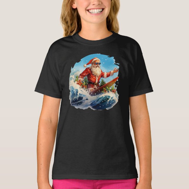 Santa Claus Surfing Shredding Waves Girls T-Shirt (Front)