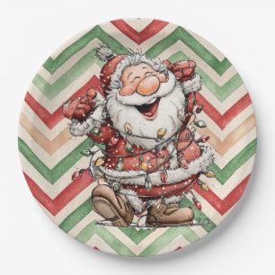 Santa Claus Tangled In Christmas Lights Paper Plate