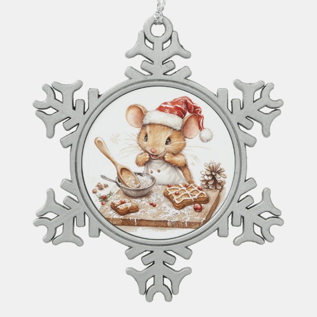Santa Claus the mouse is making Christmas gingerbr Snowflake Pewter Christmas Ornament (Front)
