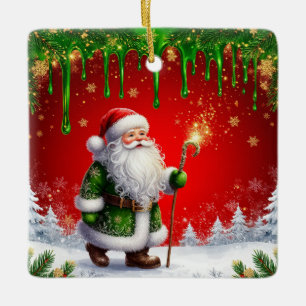 Santa Claus Through Snowy Christmas Wonderland Ceramic Ornament