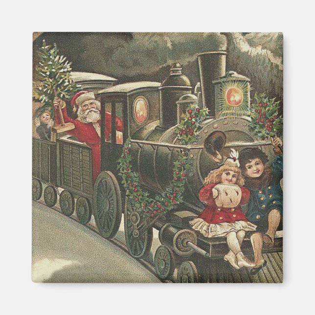 Santa Claus Train Holly Garland Children Magnet (Front)