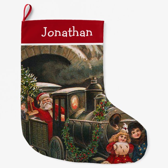 Santa Claus Train Vintage Christmas Large Christmas Stocking (Front)