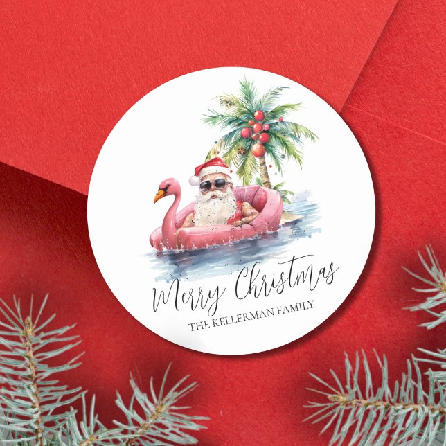 Santa Claus Tropical Beach Christmas Classic Round Sticker (Santa Claus Tropical Beach Christmas Classic Round Sticker)