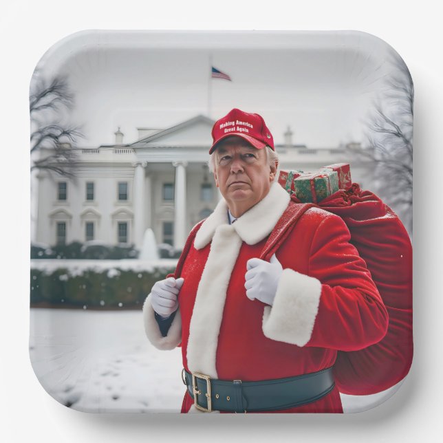 Santa Claus Trump With Red Sack Paper Plate (Front)