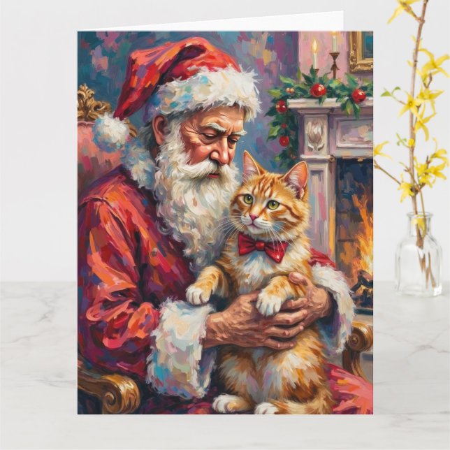 Santa Claus Turkish Angora Cat Christmas Art Card (Yellow Flower)