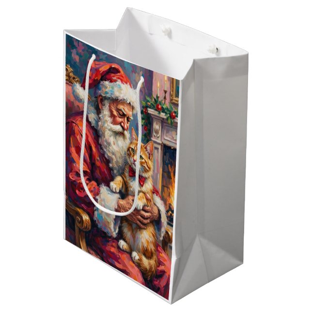 Santa Claus Turkish Angora Cat Christmas Art Medium Gift Bag (Front Angled)