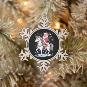Santa Claus Unicorn Christmas Rainbow Lights Xmas Snowflake Pewter Christmas Ornament