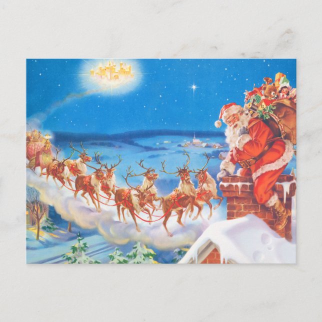 Santa Claus Up On  The Rooftop On Christmas Eve Holiday Postcard (Front)